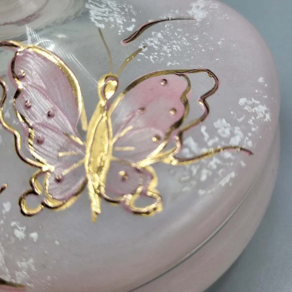 Butterfly Trinket Dish Vanity Jar Frosted Pink Glass Gold Accents Hand Painted